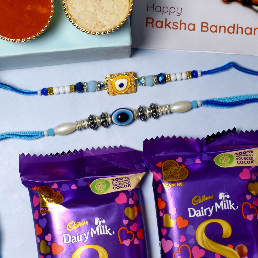 Exclusive Evil Eye Rakhi Set with Chocolate Hamper