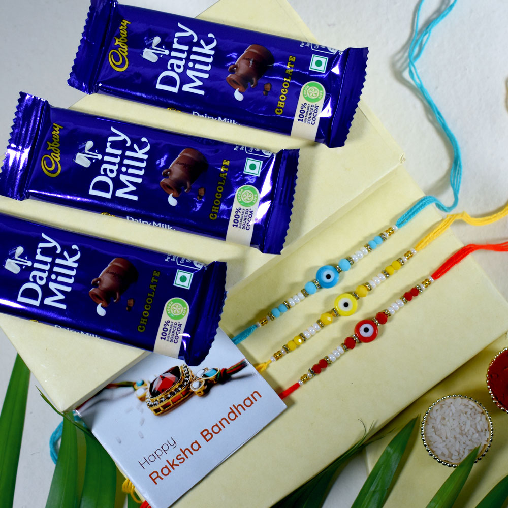 Protective Evil Eye Rakhi Set of 3 with Cadbury Dairy Milk Chocolate