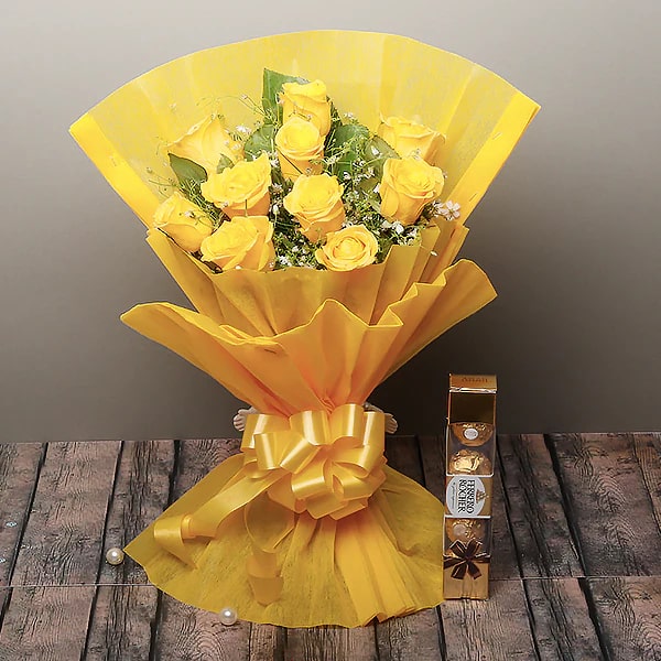 10 Yellow Roses with 4 Pieces Ferrero Rocher Box