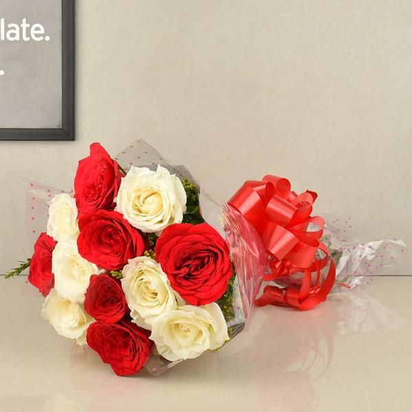 12 Red and White Roses Bouquet