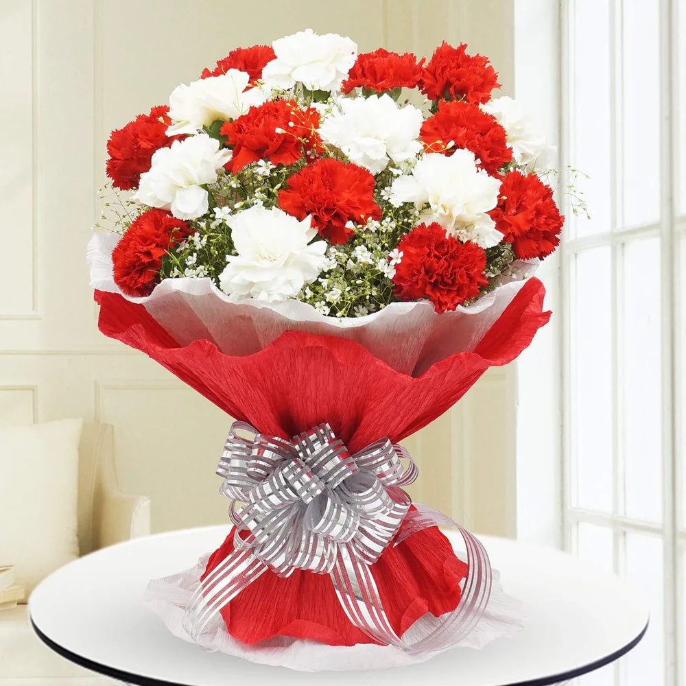 18 Red and White Carnation Bouquet
